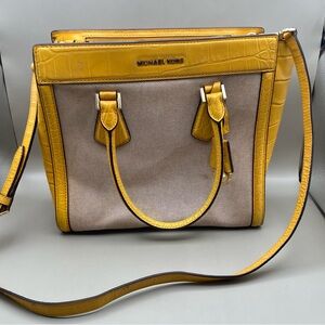 Michael Kors Colette Satchel Sun Cream Canvas Yellow Leather Trim Crossbody